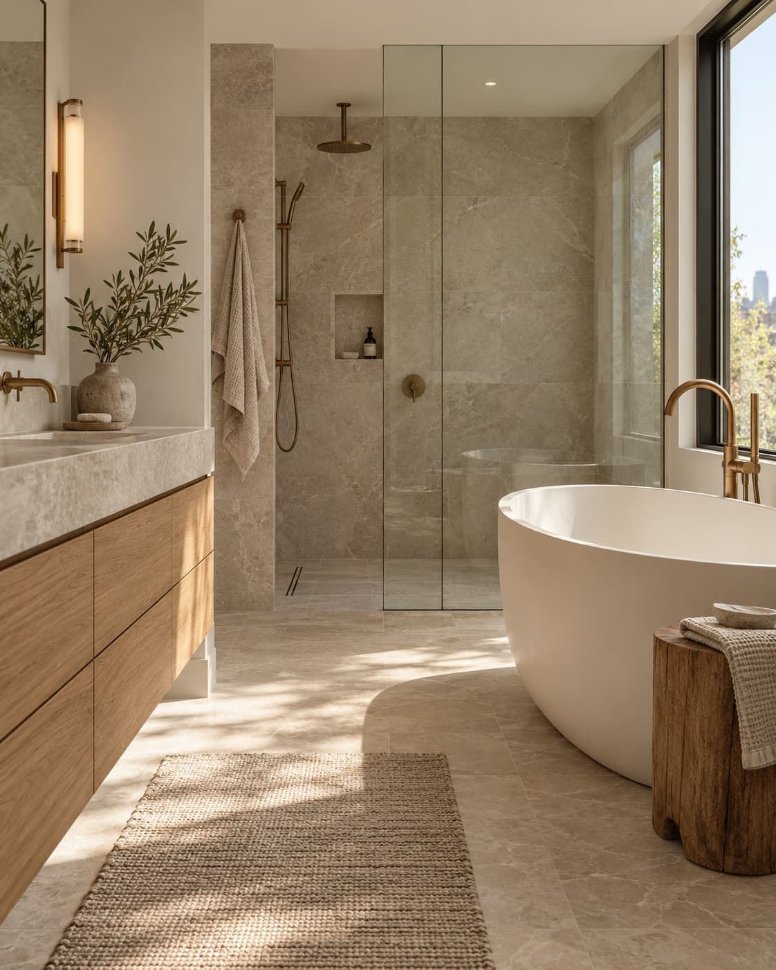 Serene limestone bathroom with freestanding tub