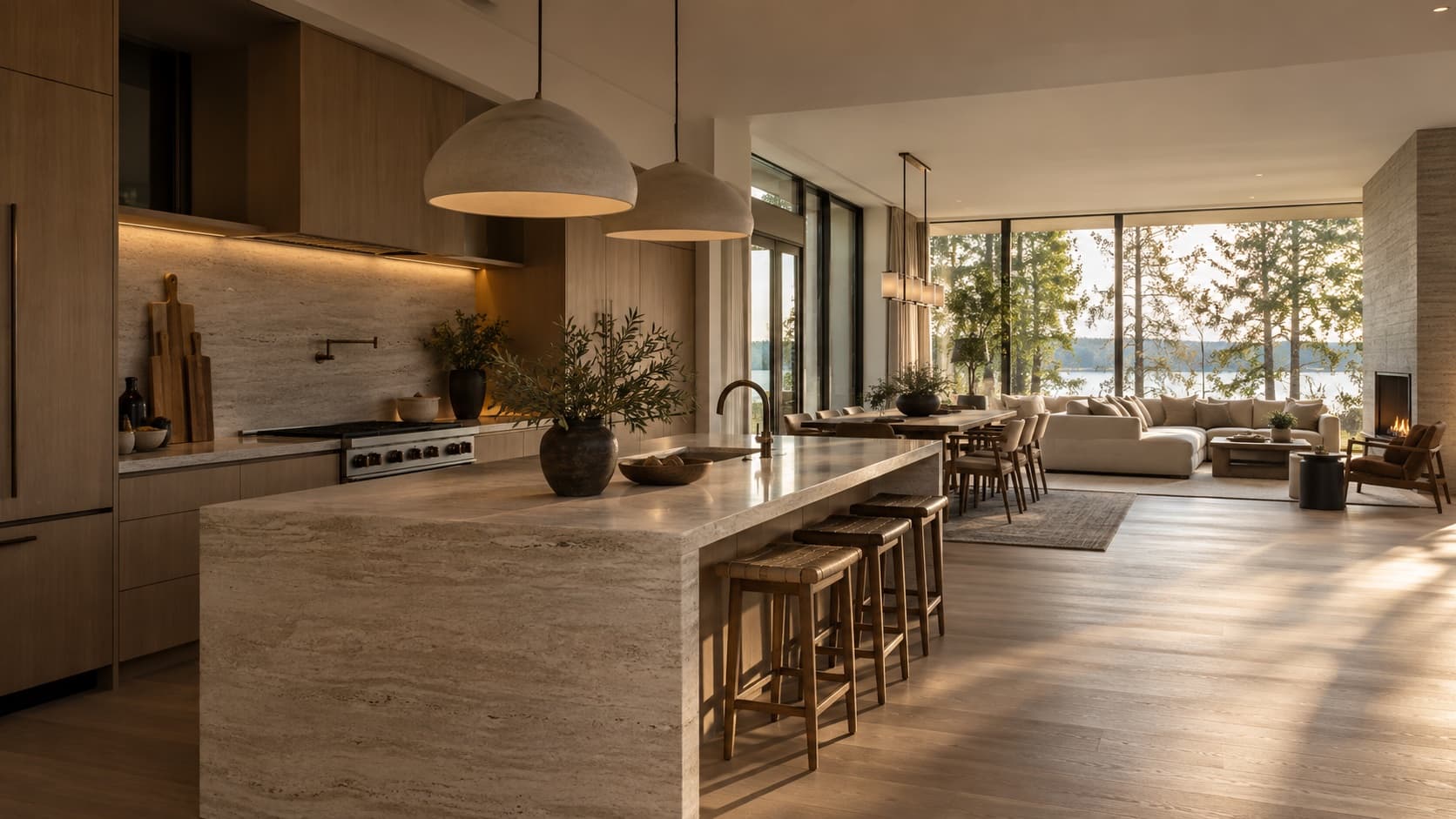 Warm contemporary kitchen opening into a light-filled living space